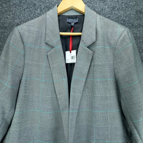 Madison Blazer Womens 2X Black White Glen Plaid Career Academia Open Jacket - Picture 2 of 16